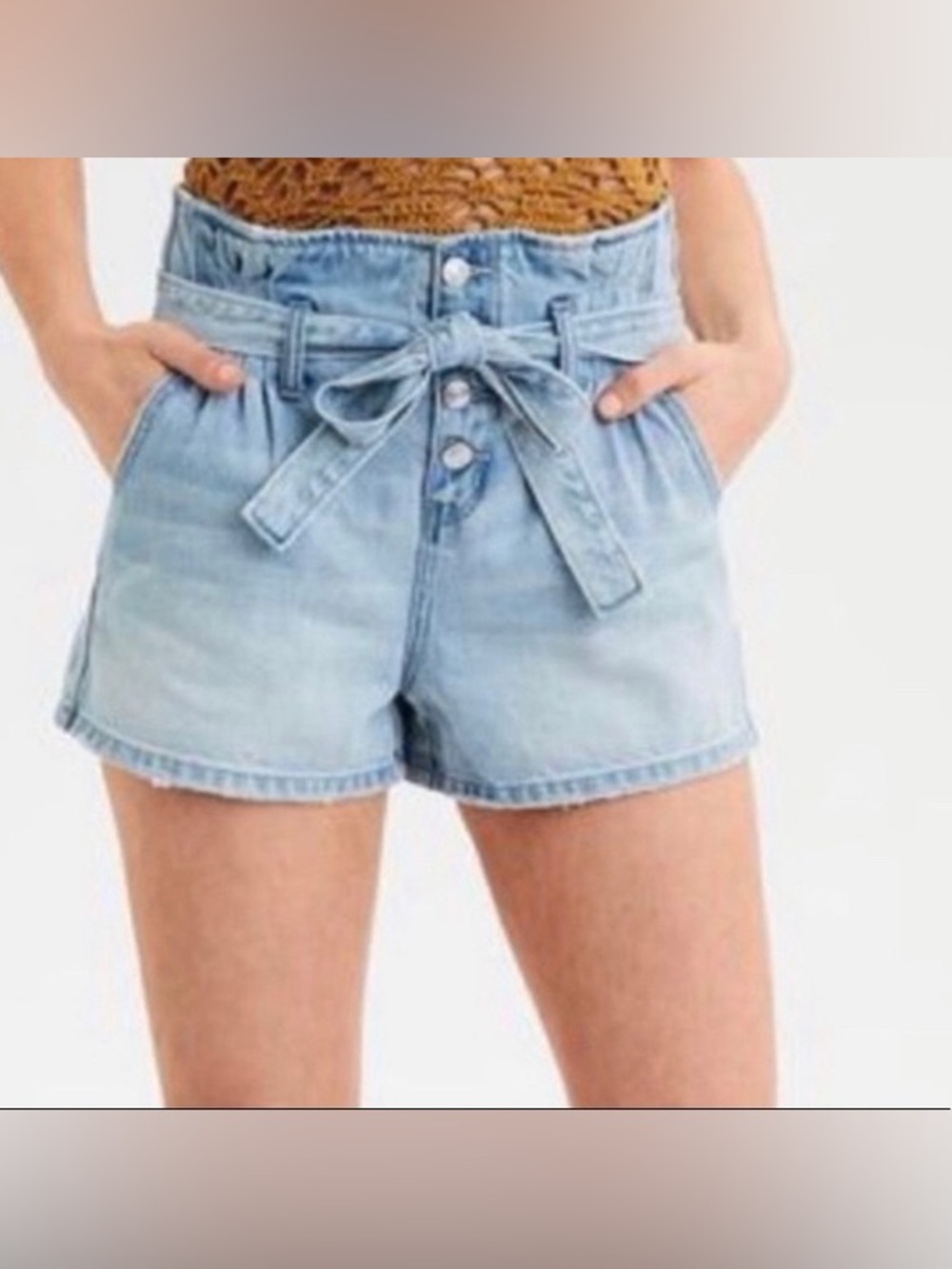 American Eagle Paperbag Denim Mom Shorts Womens 4 Light Wash Blue Button Fly